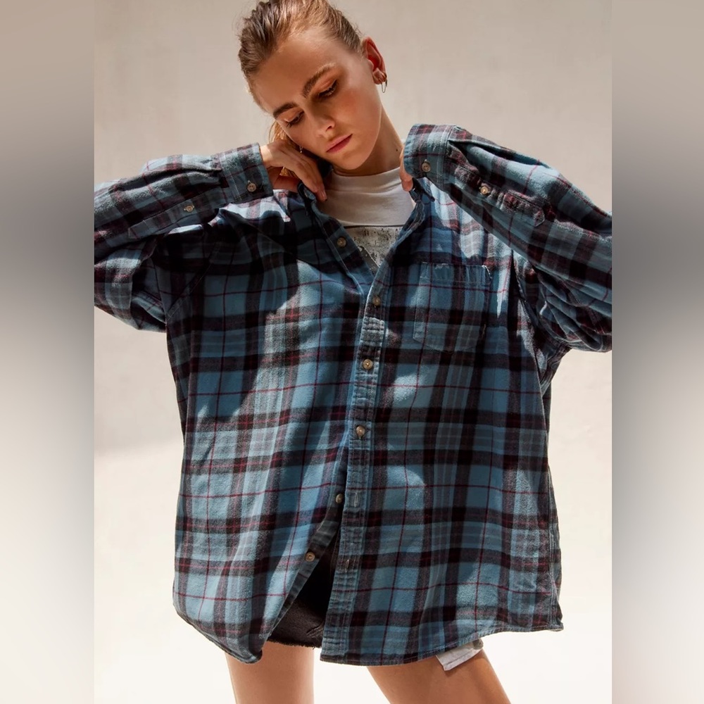 Urban Outfitters Renewel Oversized Flannel Shirt in RED AND DARK GRAY